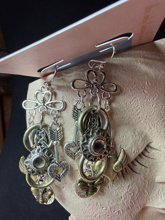 Jewelry - Bohemian Mixed-Metal Dangle Earrings - Floral & Heart Charms
